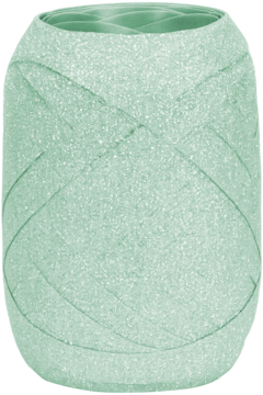 Cylindryczna szpula jasnozielonej, mieniącej się brokatowej wstążki, widok z przodu, na białym tle. Idealna do dekoracji.