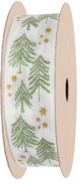 Biała wstążka świąteczna z zielonymi choinkami i złotymi gwiazdkami, nawinięta na drewnianą szpulę, widok z boku.