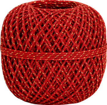 Kłębek czerwonej nici ze złotymi wpleceniami, ciasno nawinięty, widok z przodu, okrągły kształt.