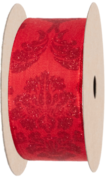 Czerwona wstążka dekoracyjna z błyszczącym brokatowym wzorem damask, nawinięta na rolkę, widok z boku.