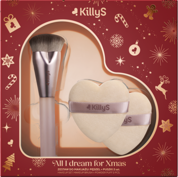 Zestaw KillyS: pędzel i beżowe gąbki do makijażu w kształcie serc, w świątecznym pudełku z wycięciem serca.