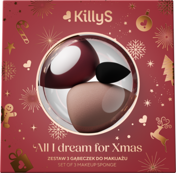 Zestaw KillyS All I dream for Xmas z 3 gąbeczkami do makijażu w kształcie jabłek, widok z przodu.