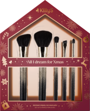 Zestaw 5 pędzli KillyS z czarnym włosiem i brokatowymi uchwytami, w czerwonym świątecznym pudełku, widok z przodu.