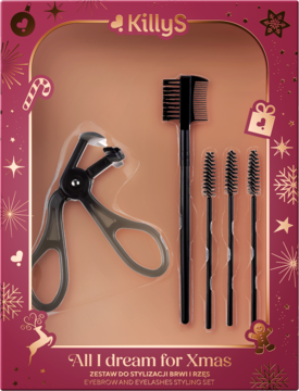KillyS świąteczny zestaw do stylizacji brwi i rzęs: zalotka i szczoteczki, w bordowym pudełku. Widok z przodu.
