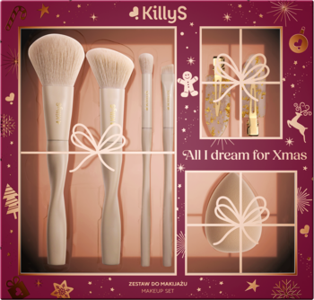 KillyS świąteczny zestaw do makijażu: pędzle, beauty blender i kosmetyki w bordowym pudełku, widok z przodu.
