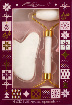 Ewa Schmitt MAGIC JADE zestaw upominkowy: biały roller i płytka Gua Sha w fioletowym, świątecznym pudełku. Widok z przodu.
