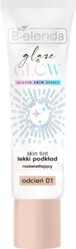 Bielenda Glaze GLOW lekki podkład rozświetlający, odcień 01. Biała tubka z brzoskwiniową zakrętką, holograficzny wzór.