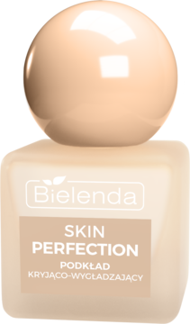 Bielenda Skin Perfection podkład kryjąco-wygładzający, beżowa butelka z okrągłą nakrętką, widok z przodu.