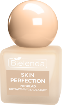Bielenda Skin Perfection podkład kryjąco-wygładzający, beżowa butelka z okrągłą nakrętką, widok z przodu.