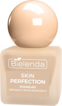 Bielenda Skin Perfection, podkład kryjąco-wygładzający, w kwadratowej szklanej beżowej butelce, widok z przodu.