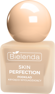 Bielenda Skin Perfection, podkład kryjąco-wygładzający, w kwadratowej szklanej beżowej butelce, widok z przodu.