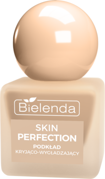 Bielenda SKIN PERFECTION beżowy podkład kryjąco-wygładzający w kwadratowej butelce, widok z przodu.
