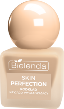 Bielenda SKIN PERFECTION beżowy podkład kryjąco-wygładzający w kwadratowej butelce, widok z przodu.