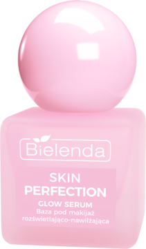 Bielenda Skin Perfection Glow Serum rozświetlająco-nawilżające, różowa butelka z błyszczącym okrągłym korkiem.