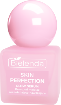 Bielenda Skin Perfection Glow Serum rozświetlająco-nawilżające, różowa butelka z błyszczącym okrągłym korkiem.