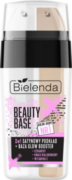 Bielenda Beauty Base 2w1, satynowy podkład Nr 1 z ceramidami, w białej butelce z pompką, widok z przodu.