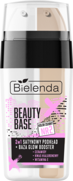 Bielenda Beauty Base 2w1 satynowy podkład i baza nr 2 z ceramidami, butelka biało-beżowa, widok z przodu.