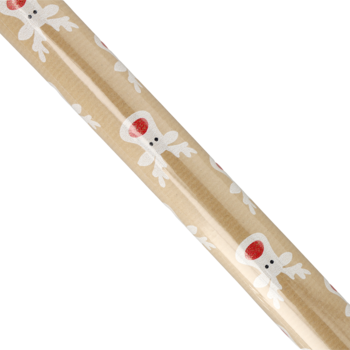 Rolka papieru prezentowego w kolorze beżowym, z białymi reniferami i czerwonymi nosami, widok ukośny.