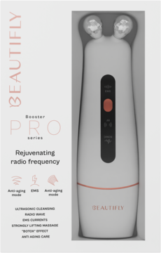 Beautifly B-Booster Pro, wielofunkcyjny masażer do liftingu twarzy, w otwartym białym opakowaniu, widok z przodu.