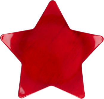 Czerwony talerz plastikowy w kształcie gwiazdy, śr. 24 cm, z delikatnymi rysami, widok z góry.