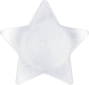 Srebrny plastikowy talerz w kształcie gwiazdy, średnica 24 cm, lekko błyszczący, widok z góry.
