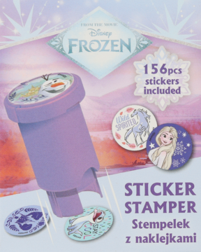 Zestaw Disney Frozen Sticker Stamper, fioletowy stempel i 156 naklejek z Elsą i Olafem. Widok z przodu.