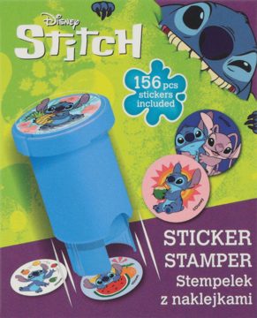 Zestaw Disney Stitch Sticker Stamper: niebieska pieczątka z naklejkami, 156 sztuk, przód opakowania.