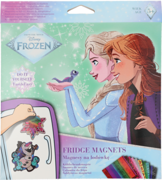 Frozen zestaw DIY magnesów na lodówkę, opakowanie z Elsą i Anną, ilustracje gotowych wzorów, dla dzieci.