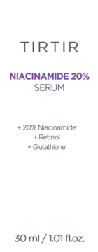 Biała etykieta serum TIRTIR Niacinamide 20% z retinolem i glutationem, 30 ml, na froncie opakowania.