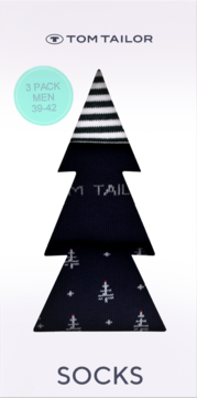 Męskie skarpety Tom Tailor, 3-pak, rozmiar 39-42, w białym świątecznym opakowaniu choinki, granatowe ze wzorami.