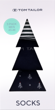 Opakowanie skarpet Tom Tailor, 3-pak męskich, rozmiar 43-46, w kształcie czarnej choinki z białymi wzorami, widok z przodu.