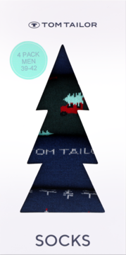 Tom Tailor: męskie skarpetki świąteczne (4-pak, rozmiar 39-42) w białym pudełku z wycięciem choinki, widok z przodu.