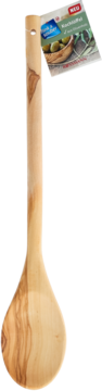 Drewniana łyżka do mieszania z drewna oliwnego, widok z przodu, z doczepioną etykietą produktu. Jasne drewno.