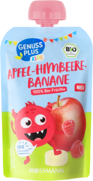 Jasnoniebieska saszetka Genuss Plus KIDS Apfel-Himbeere-Banane, z potworem i owocami, 100% Bio-Fruchte, widok z przodu.