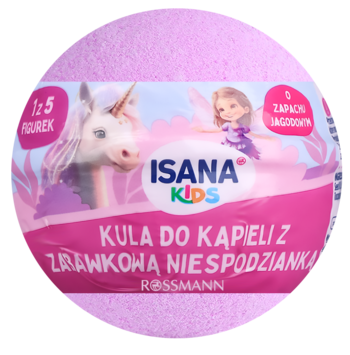 Różowa kula do kąpieli Isana Kids o jagodowym zapachu z niespodzianką, opakowanie z jednorożcem, widok z przodu.