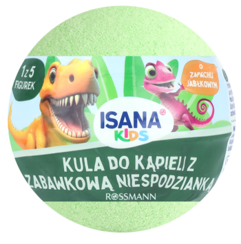 Isana Kids zielona kula do kąpieli, jabłkowy zapach, etykieta z dinozaurami i zabawką niespodzianką. Widok z przodu.
