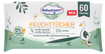 Zielone opakowanie chusteczek nawilżanych Babydream, 60 sztuk, bez plastiku i zapachu, z kaczkami.