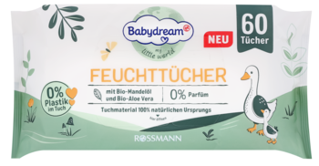 Zielone opakowanie chusteczek nawilżanych Babydream, 60 sztuk, bez plastiku i zapachu, z kaczkami.