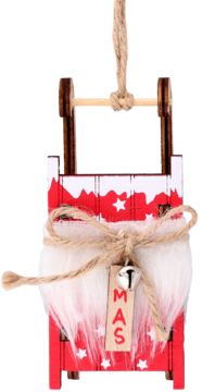 Drewniana czerwono-biała świąteczna ozdoba w kształcie sań z futerkiem i dzwoneczkiem, wisząca na sznurku.