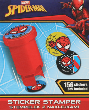 Marvel Spider-Man Sticker Stamper: czerwony stempel z głową Spidey'ego, dwie okrągłe naklejki, w tle pudełko 156 szt.