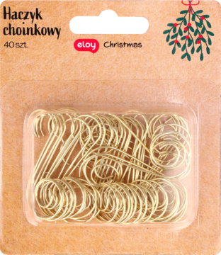 Złote haczyki choinkowe Eloy 40 szt. w blistrze, na brązowym opakowaniu z grafiką jemioły, widok z przodu.