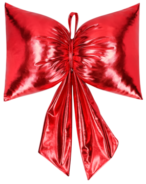 Eloy, czerwona błyszcząca kokarda, wypchana, o metalicznym połysku, widok z przodu na jasnym tle.