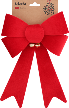 Czerwona kokarda Eloy z weluru z dwoma złotymi dzwoneczkami, mocowana do kartonowej zawieszki z jemiołą.
