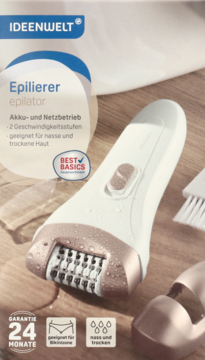 Biały epilator Ideenwelt z różowo-złotymi detalami, do użytku na mokro i sucho, 2 prędkości. Widoczny na tle opakowania.