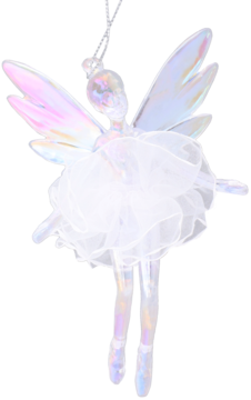 Eloy zawieszka anioł z opalizującego poliakrylu, w białej tiulowej sukience i skrzydłami, widok z przodu.