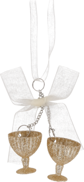 Eloy: złota brokatowa zawieszka, 16cm, dwa kieliszki do wina z białą kokardką, widok z przodu.
