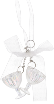 Eloy, opalizująca zawieszka 16cm: dwa kieliszki do wina, z białą kokardką. Widok frontowy.