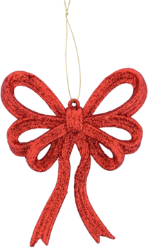 Czerwona, brokatowa kokarda Eloy, zawieszka świąteczna z polipropylenu, widoczna centralnie.