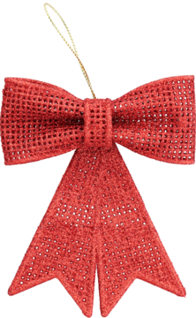 Czerwona brokatowa zawieszka Eloy w kształcie kokardy 9x10cm z pętelką, ozdoba świąteczna, widok z przodu.