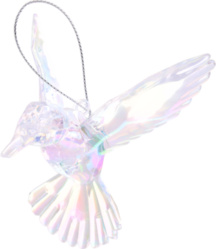 Eloy, zawieszka koliber z opalizującego, przeźroczystego tworzywa, widok z przodu pod kątem.